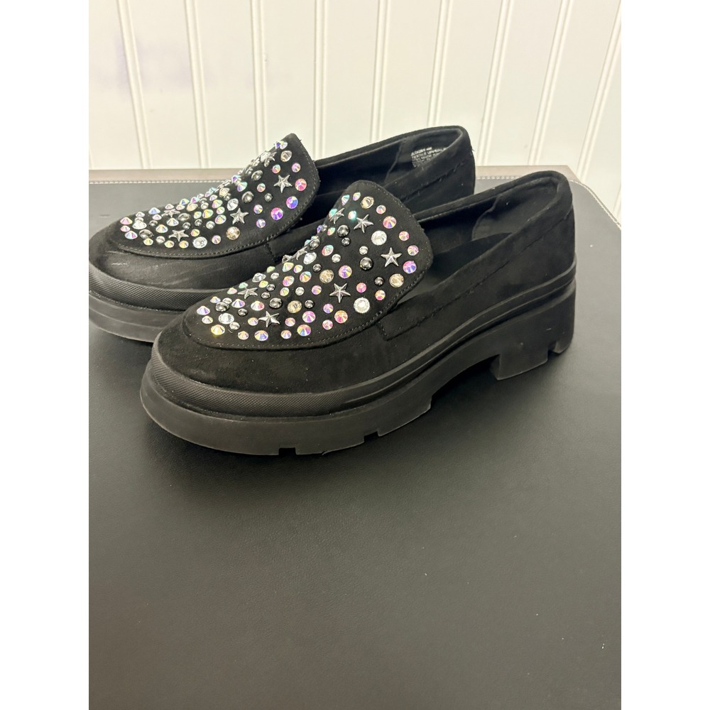 Steve Madden JLOOSY Black Rhinestone Star Studded Platform Lug Sole Loafers 4M - Picture 9 of 12